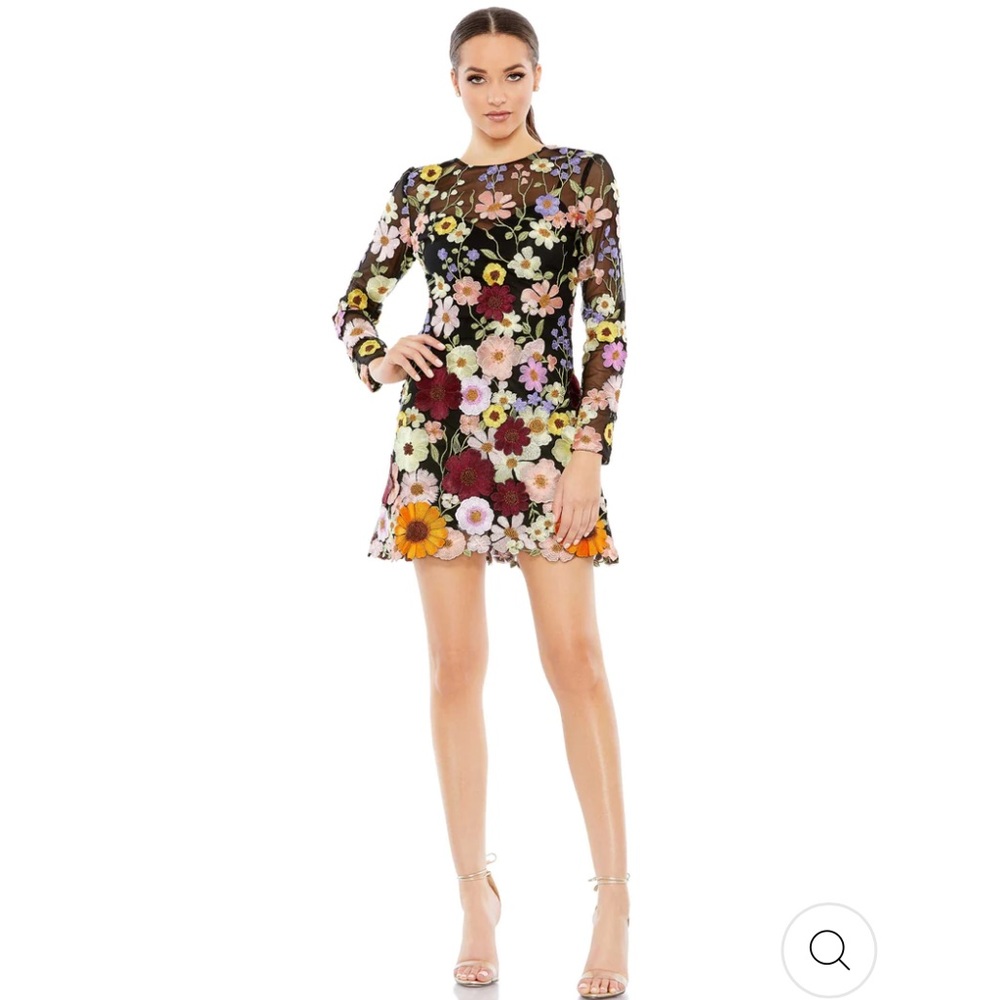 Mac Duggal Floral Embroidered Long Sleeve Mini Dress - Sz 2